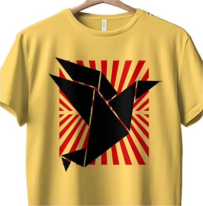 Origami Bird Art T-Shirt, Unique Geometric Design, Red Sunburst Background, Modern Graphic Tee, Contemporary Fashion Statement