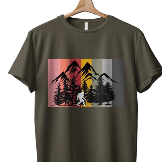 Bigfoot Retro Forest T-Shirt, Vintage Sasquatch Graphic Tee, Retro Mountains and Trees Design, Big Foot Lover Gift, Mythical Creature Shirt