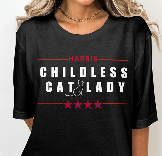 Harris Childless Cat Lady 2024 Graphic T-Shirt, Funny Political T-Shirt, Cat Lover, 2024 Election Tee, Cat Lady Gift, Vote, Gift for her