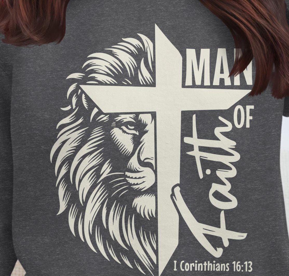 Christian T-Shirt Man of Faith I Corinthians 16:13 Religious Lion Graphic Tee Inspirational Christian Apparel