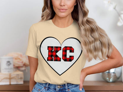 KC plaid heart design tee, Red black buffalo plaid KC heart shirt, Perfect KC fans gift, Cozy t-shirt, Unique fan apparel