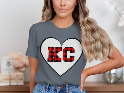 KC plaid heart design tee, Red black buffalo plaid KC heart shirt, Perfect KC fans gift, Cozy t-shirt, Unique fan apparel