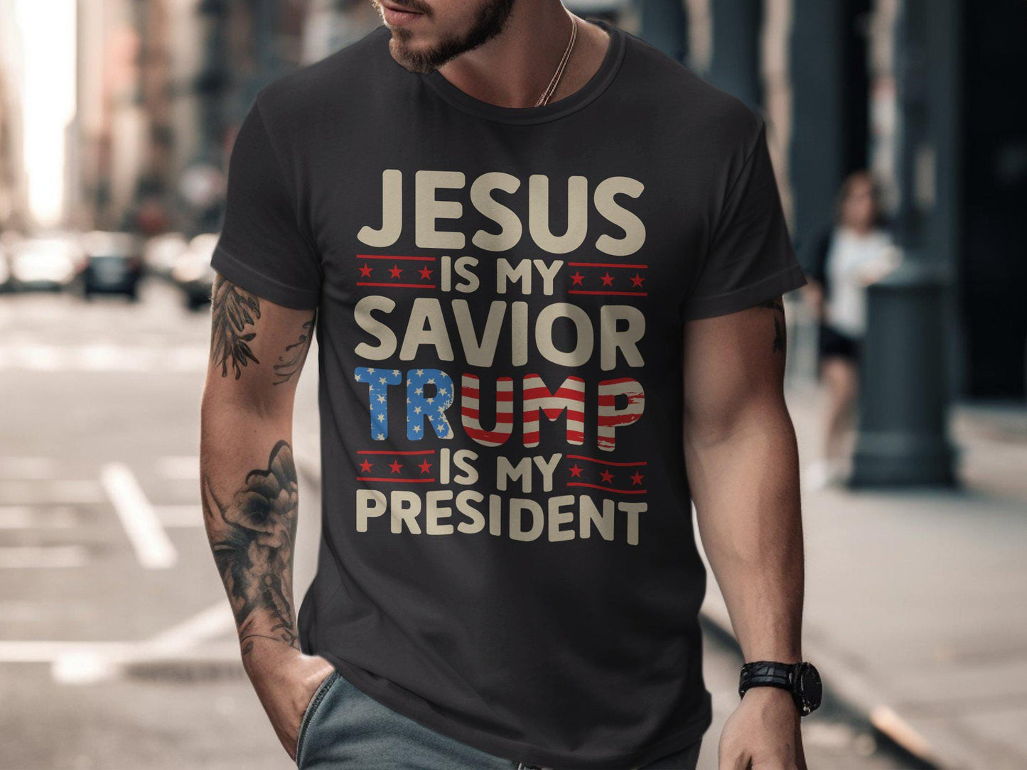 Jesus Is My Savior Trump Is My President T-Shirt, Patriotic Christian Faith Shirt, Bold Statement Graphic Tee, USA Flag Print Top