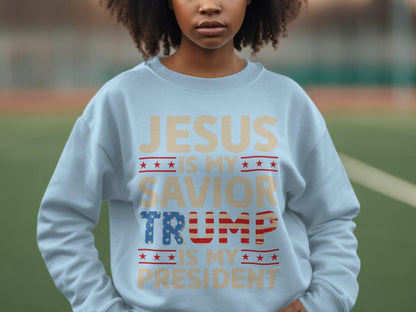 Jesus Is My Savior Trump Is My President T-Shirt, Patriotic Christian Faith Shirt, Bold Statement Graphic Tee, USA Flag Print Top