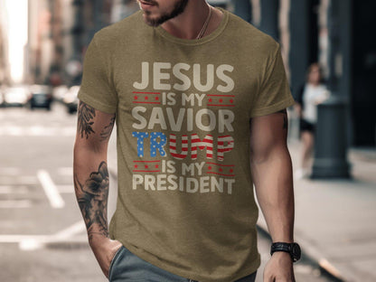 Jesus Is My Savior Trump Is My President T-Shirt, Patriotic Christian Faith Shirt, Bold Statement Graphic Tee, USA Flag Print Top