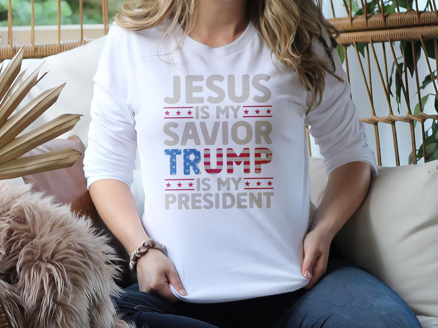 Jesus Is My Savior Trump Is My President T-Shirt, Patriotic Christian Faith Shirt, Bold Statement Graphic Tee, USA Flag Print Top