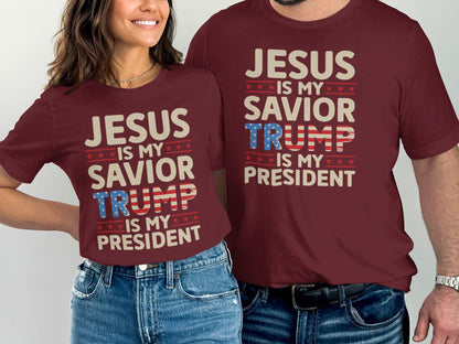 Jesus Is My Savior Trump Is My President T-Shirt, Patriotic Christian Faith Shirt, Bold Statement Graphic Tee, USA Flag Print Top