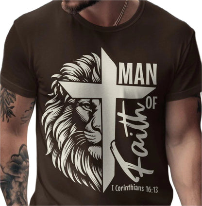 Christian T-Shirt Man of Faith I Corinthians 16:13 Religious Lion Graphic Tee Inspirational Christian Apparel