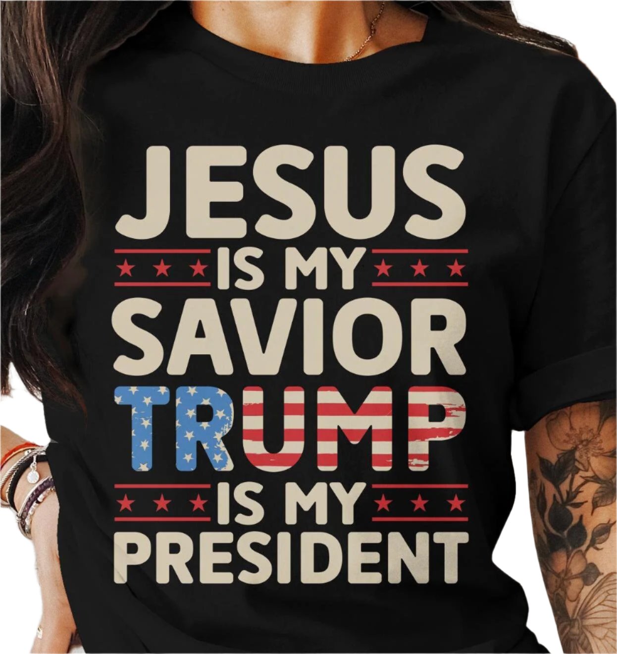 Jesus Is My Savior Trump Is My President T-Shirt, Patriotic Christian Faith Shirt, Bold Statement Graphic Tee, USA Flag Print Top