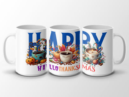 Happy HalloThankmas Mug, Colorful Holiday Mug, Halloween Thanksgiving Christmas Mug, Festive Coffee Cup, Seasonal Gift Mug