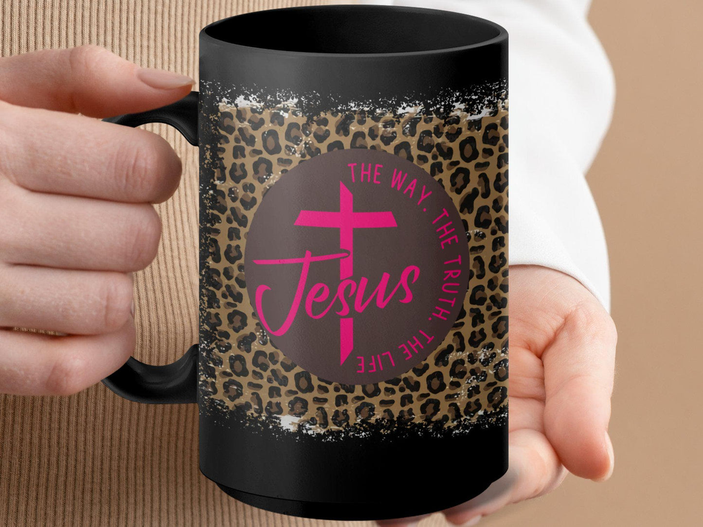 Inspirational Jesus Mug, The Way The Truth The Life, Leopard Print Background, Christian Faith Gift, Religious Coffee Cup