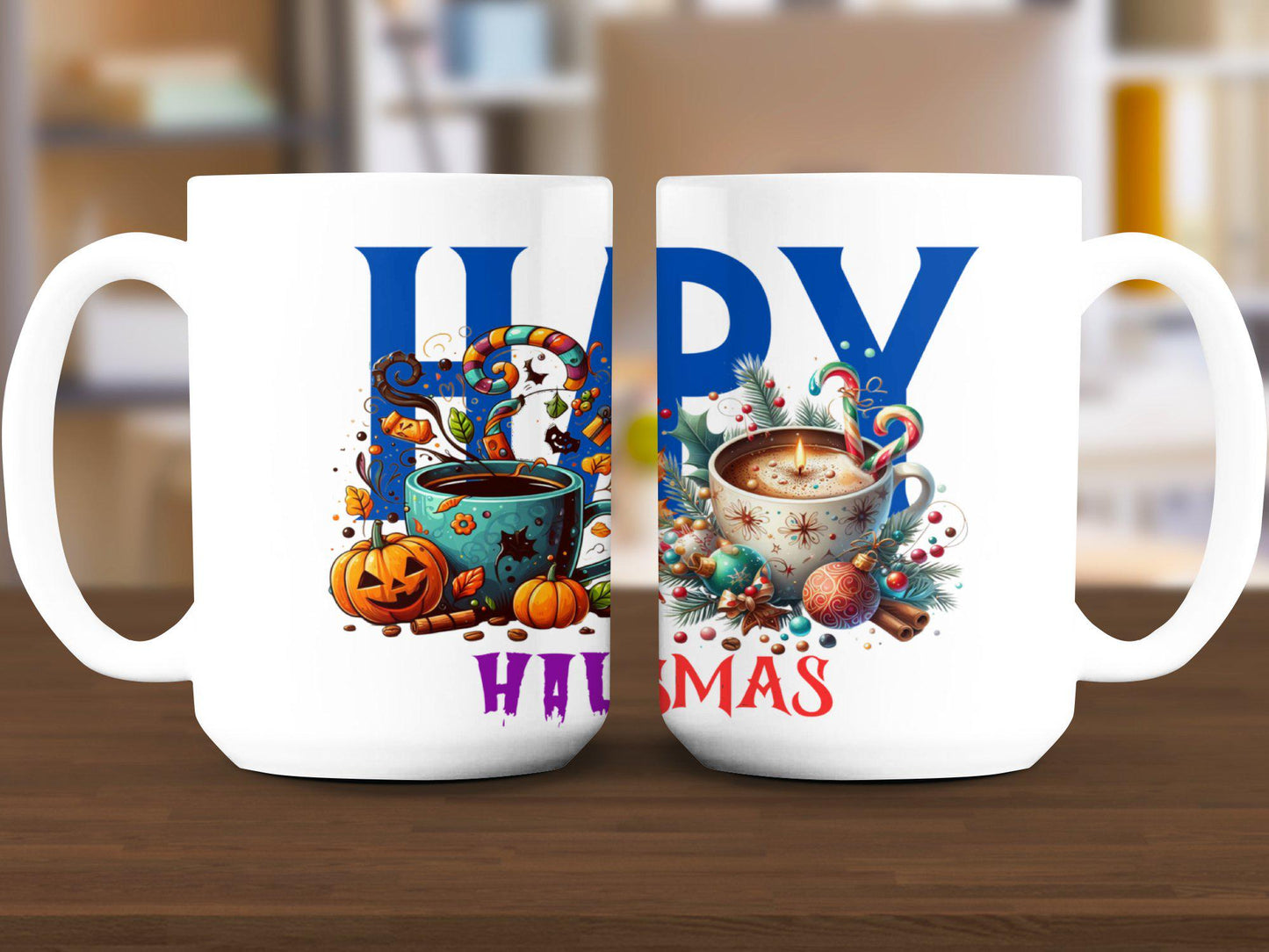 Happy HalloThankmas Mug, Colorful Holiday Mug, Halloween Thanksgiving Christmas Mug, Festive Coffee Cup, Seasonal Gift Mug