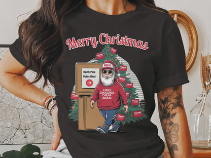 Funny Christmas Santa Sweatshirt, North Pole Votes Holiday Hoodie, Make Groceries Cheap Again, Trump Election Xmas Shirt